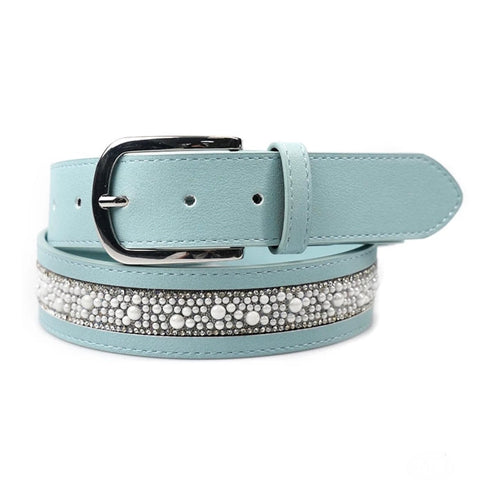 Elegant Leather Belt - Aqua Wide Pearl