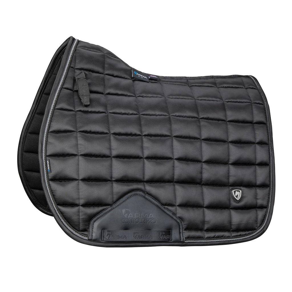 Black quilted jump cut saddle pad with visible brand logo on a white background
