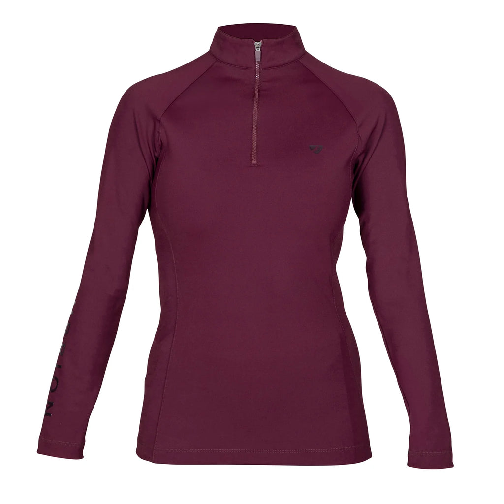 Black cherry youth rider long-sleeve athletic top with a quarter zip on a white background