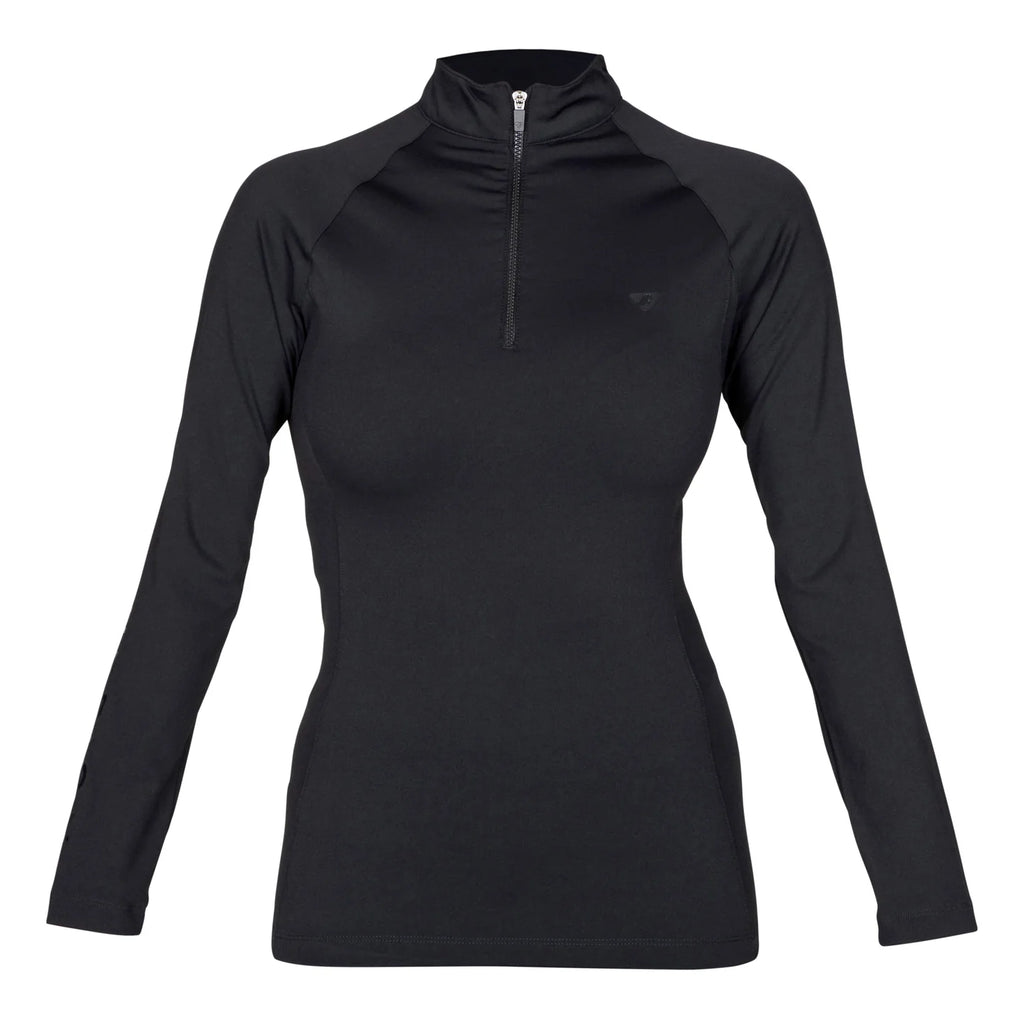 Black long-sleeve youth horse riding  top with a quarter zip on a white background