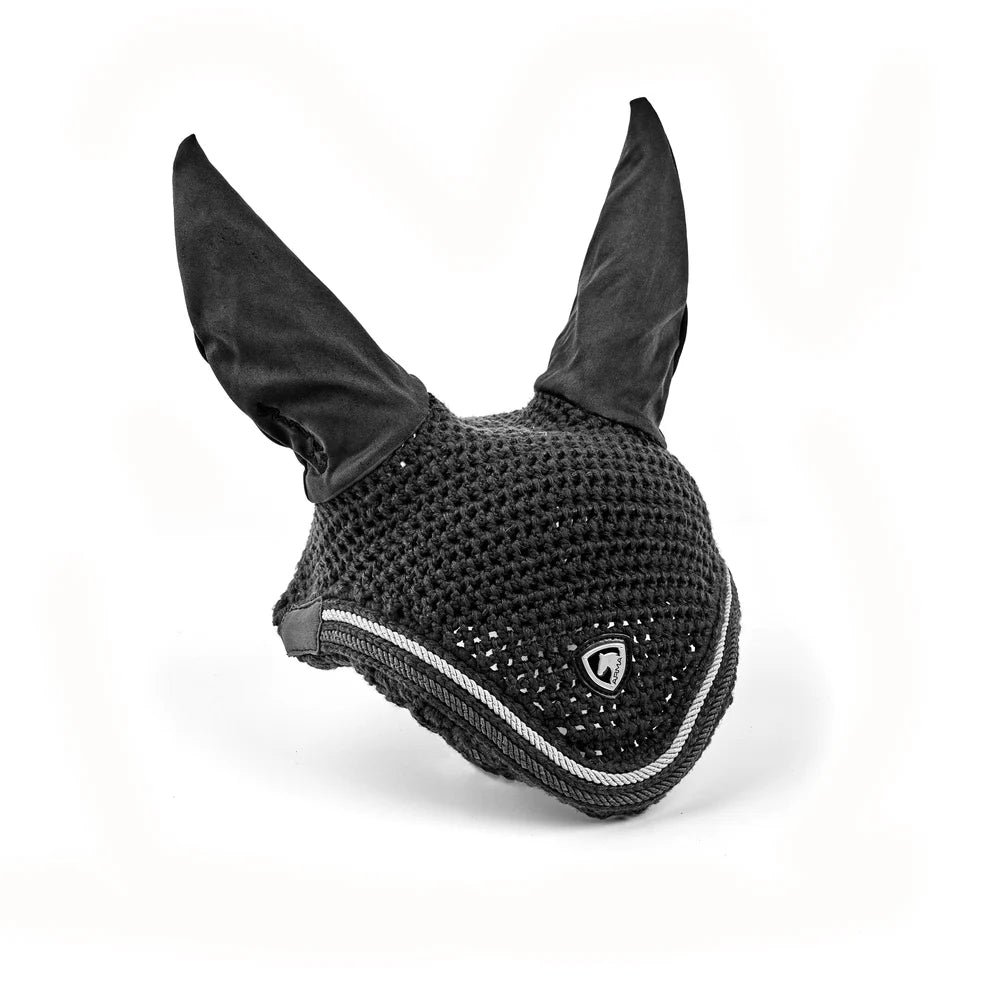 Black equestrian ear bonnet fly veil with mesh design on a white background