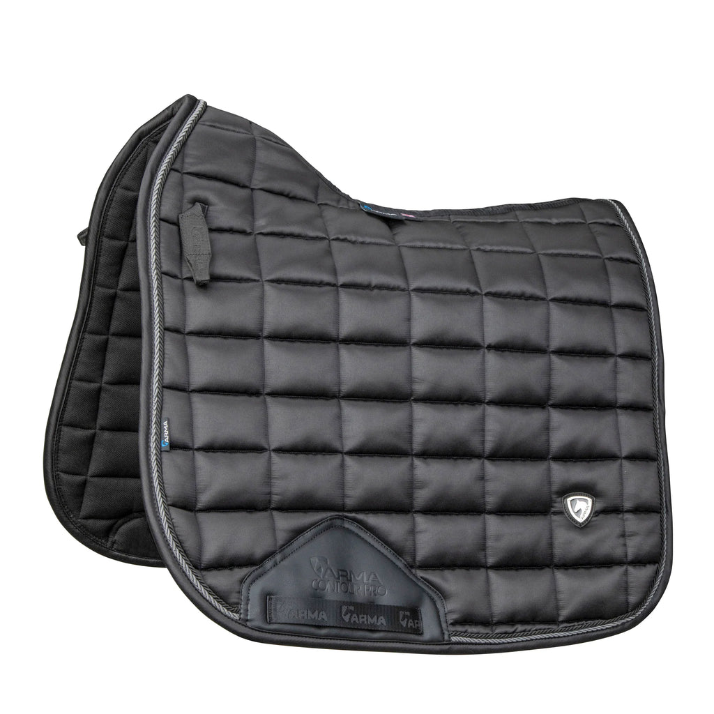 Black quilted saddle pad dressage full logo on a white background