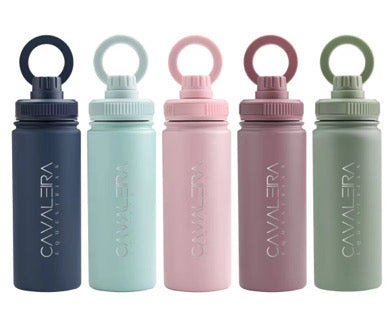 A collection of five stainless steel insulated water bottles in different colors, each with a magnetic phone holder on the lid.