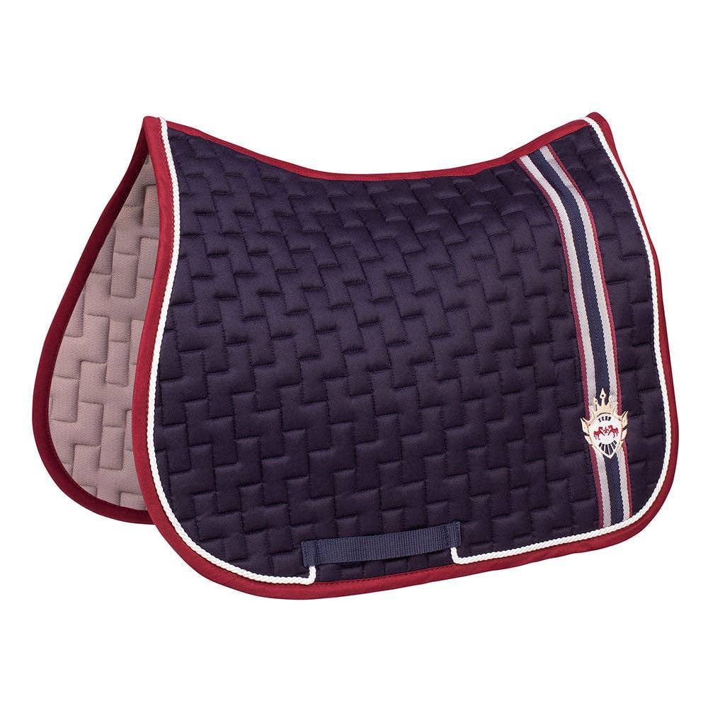 Navy blue quilted saddle pad with red border and white logo on a white background