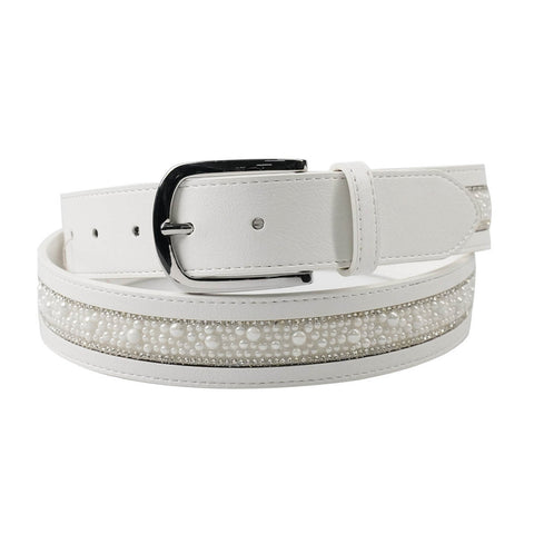 Elegant Leather Belt - White Wide Pearl