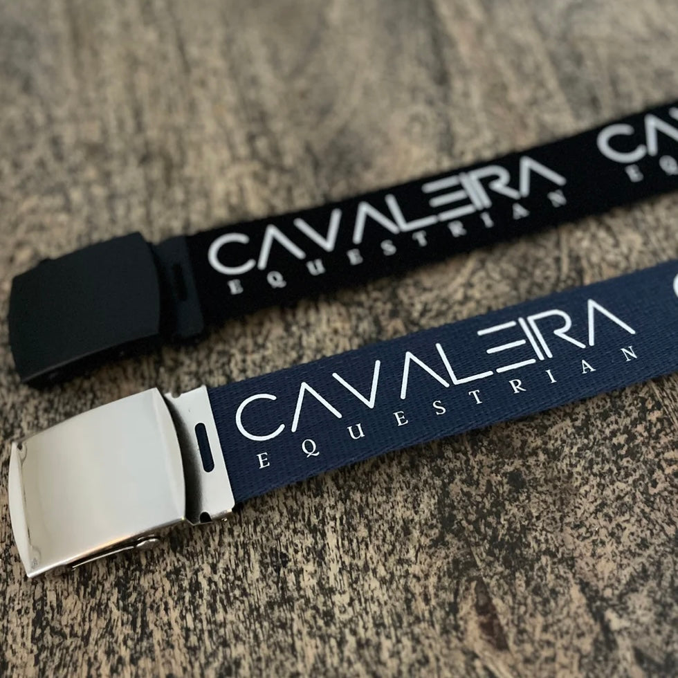 2 belts one black on navy wth Cavaleira logo