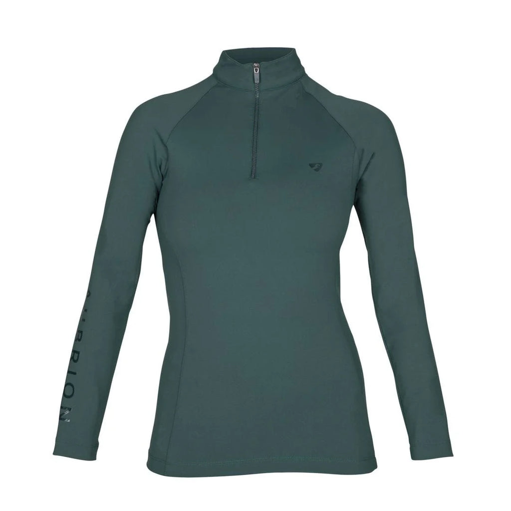 Green long-sleeve athletic horse riding top with a quarter zip on a white background