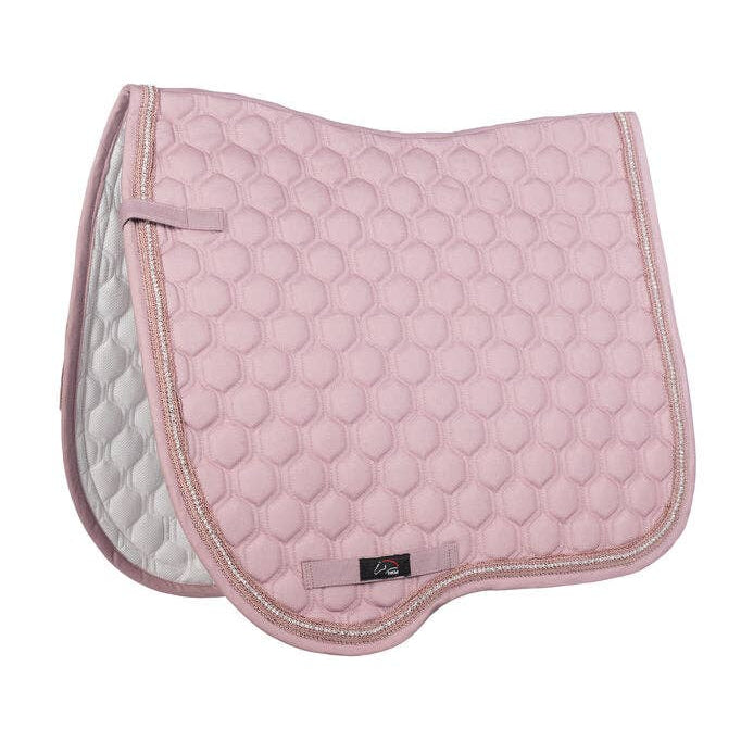 Pink quilted saddle pad with a brand logo on a white background