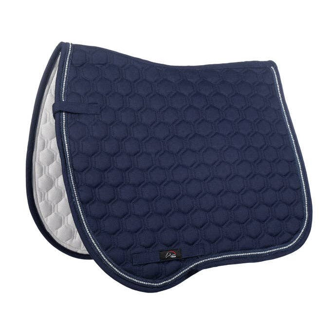 Navy blue quilted saddle pad with white border on a white background