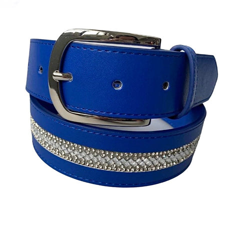 Elegant Leather Belt - Royal Blue Crystal