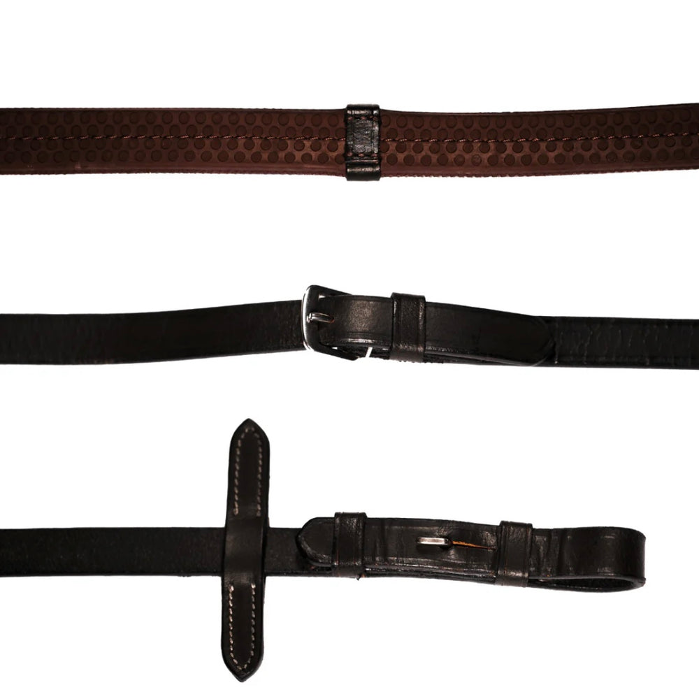 Lumiere Equestrian Brown Leather and Rubber (Flat) Grip Reins (Silver Fittings)