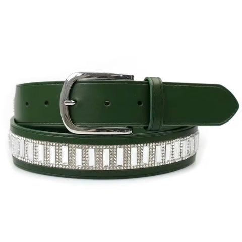 Elegant Leather Belt - Olive Crystal