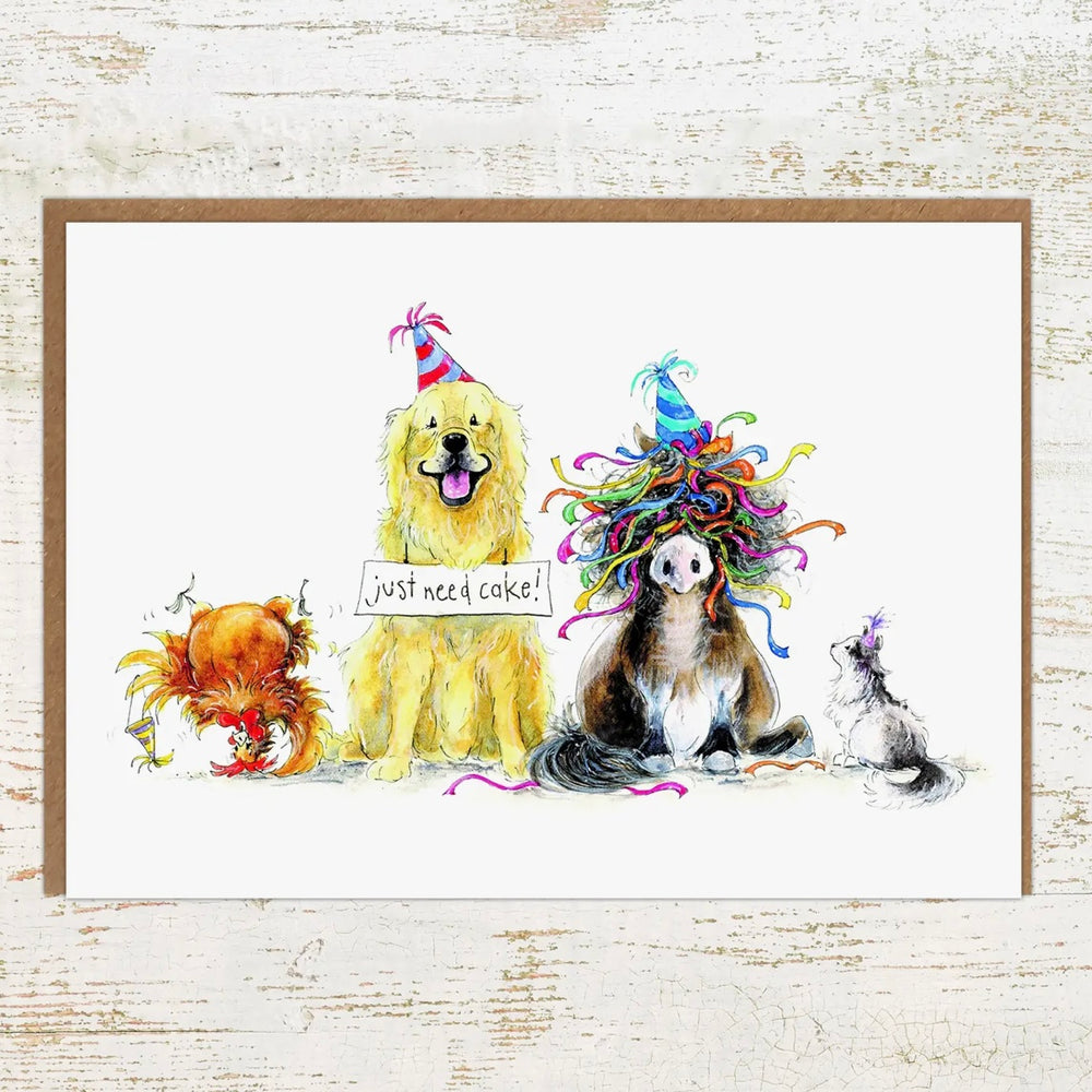 Just Need Cake - Cat, Chicken, Dog and Pony Greeting Card by Pony Nut Gifts