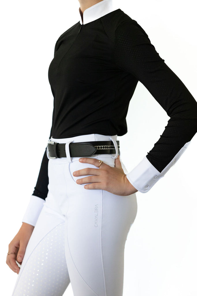 Long-sleeve-black-horse-riding-competition-shirt-detail