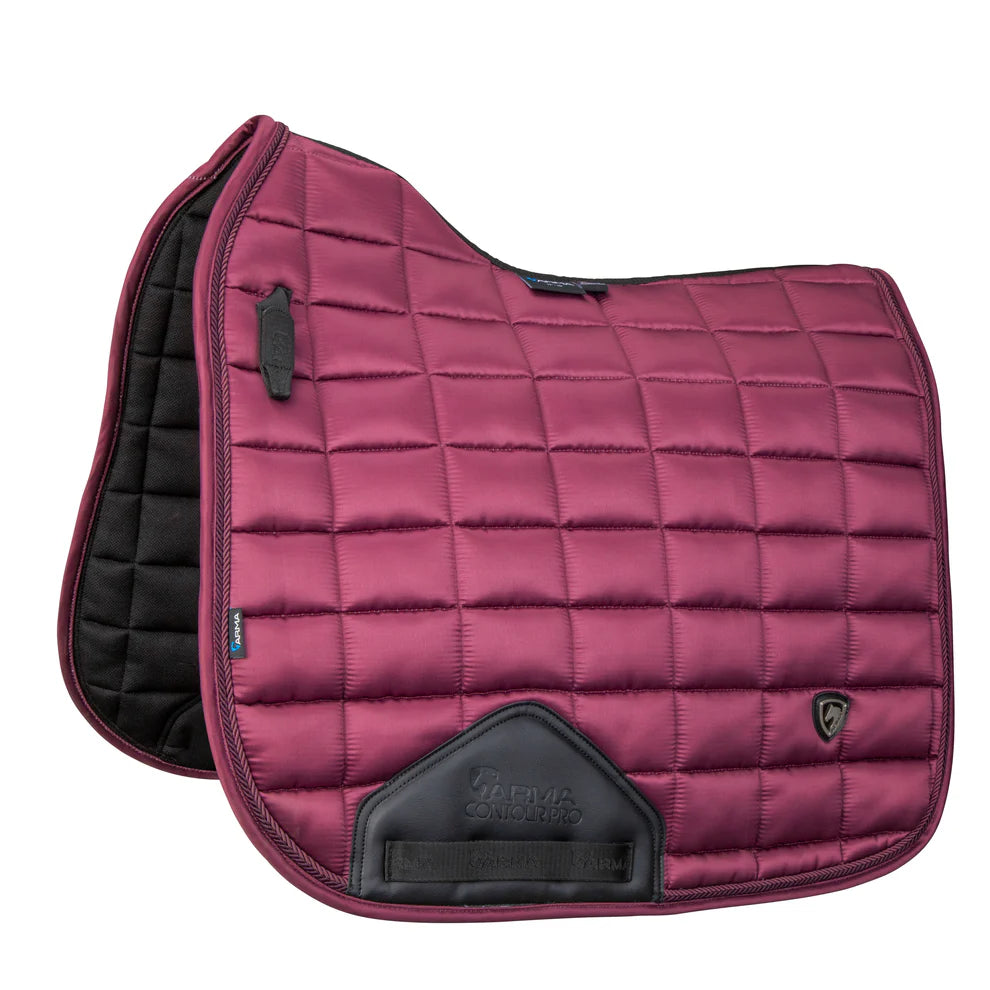 Maroon back cherry dressage quilted saddle pad with black accents on a white background