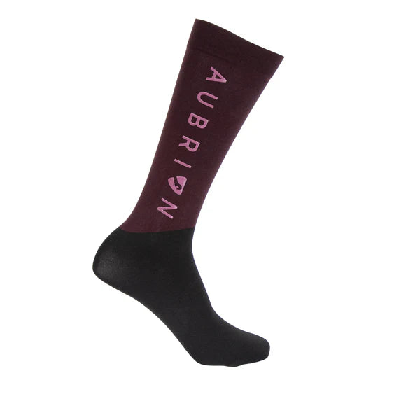 Maroon horse riding sock with Black foot and 'Auburn' text on a white background