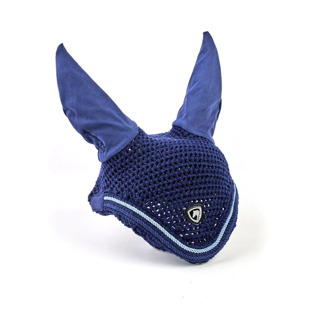 Blue knitted horse ear bonnet fly veil guard with ears on a white background