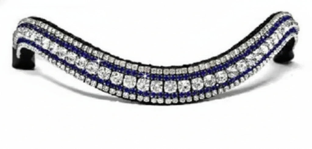 Decorative browband with blue and clear gemstones on a white background