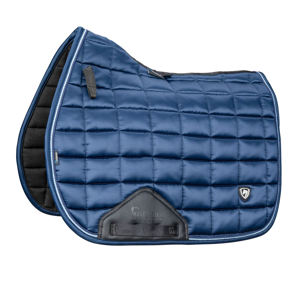 Navy blue quilted saddle pad with a brand logo on a white background