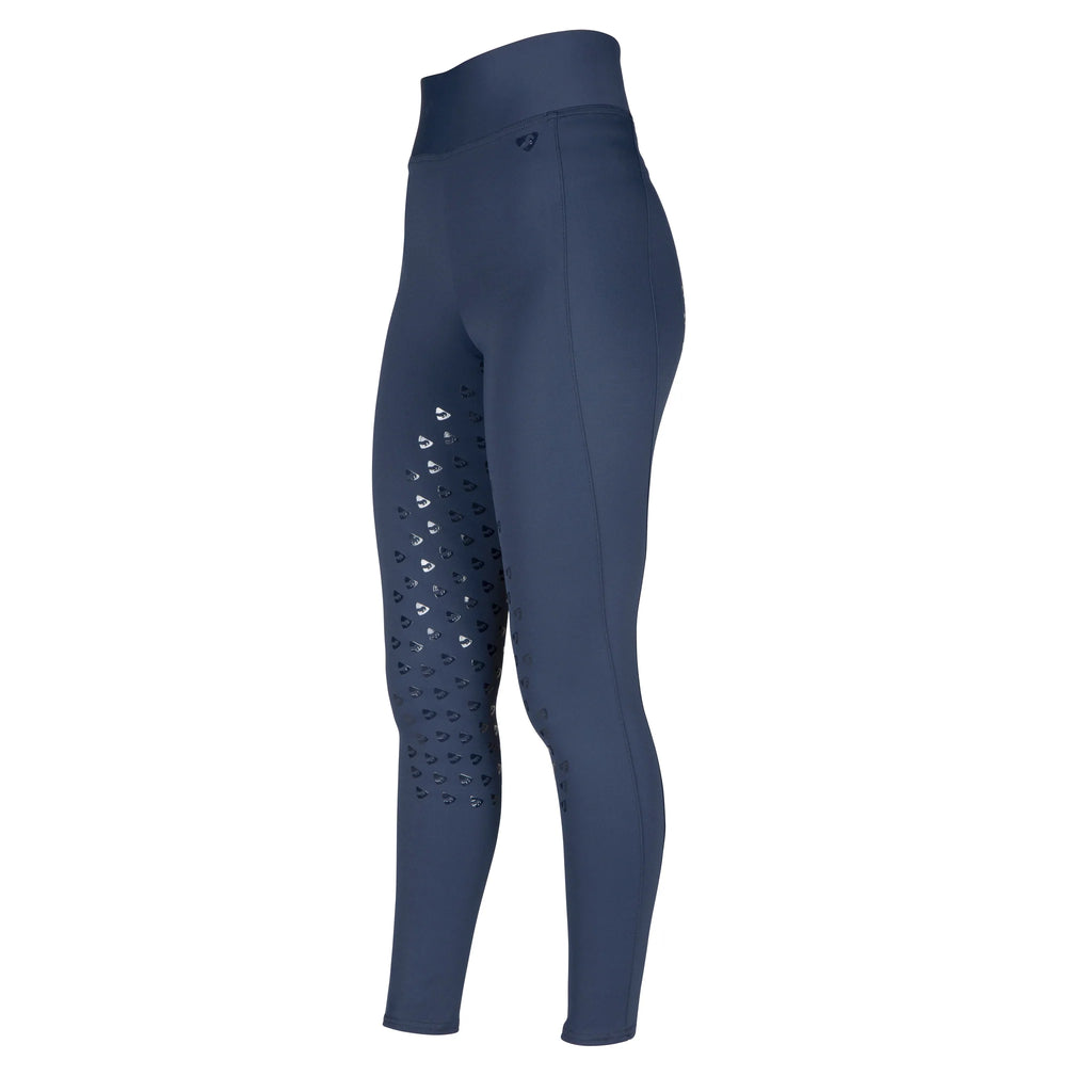 Navy blue child riding leggings with a patterned side panel on a white background