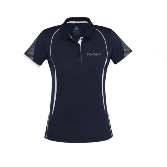 A navy colored men's polo shirt with short sleeves and a collar, featuring a breathable mesh and a logo on the chest.