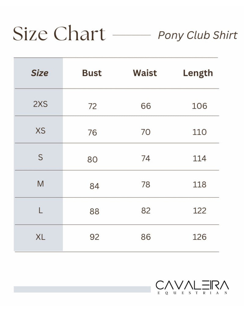 Pony club shirt size chart