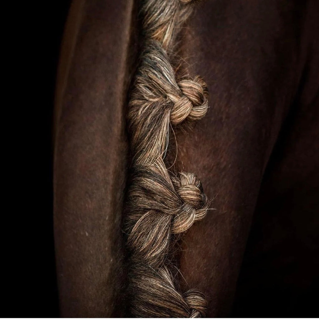 A close-up image of a horse mane with a braid secured by a black Quick Knot Deluxe mane clip.