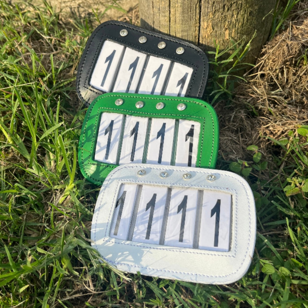 WHITE Leather Saddle Pad Number Holders - 4 number PAIR (TWO)