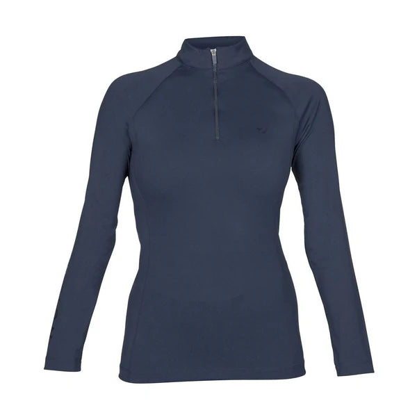 Navy long-sleeve horse riding base layer with a quarter zip on a white background