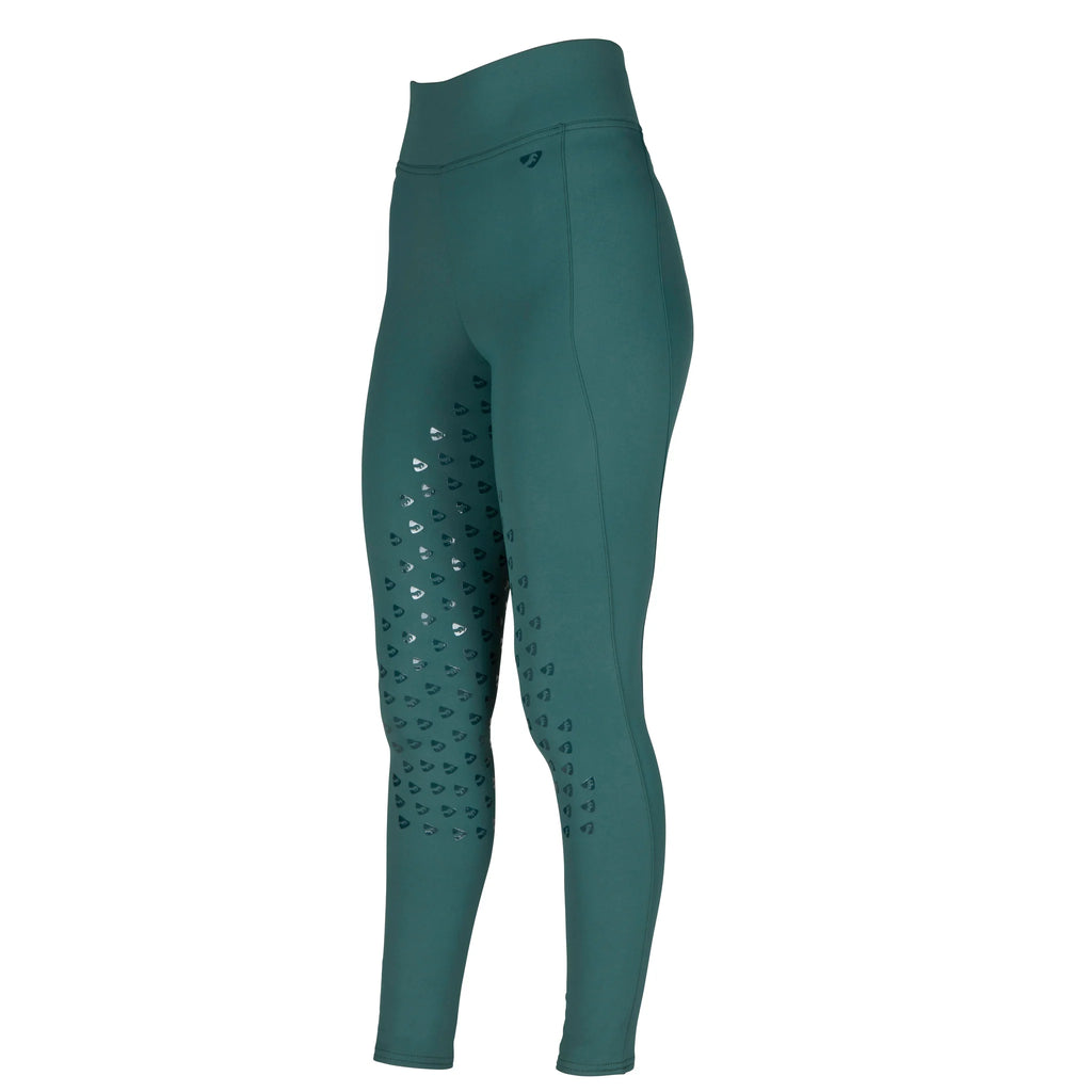 Green youth riding tights leggings with a subtle pattern on a white background