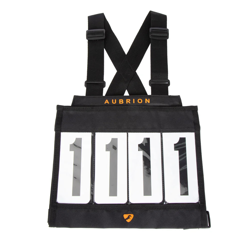 Black cross country back number bib set  with transparent panels displaying 4 numbers and 'Aubrion' branding on a white background