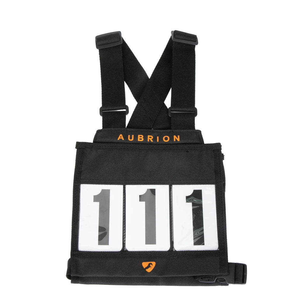 Black cross country eventing back humber holder vest with 'Aubrion' branding on a white background