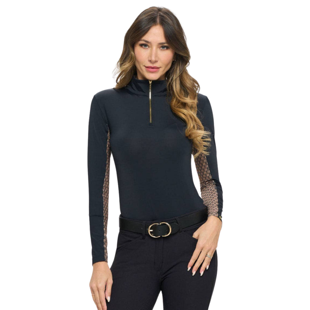 Woman wearing a black long-sleeve equestrian base layer with mesh sleeves on a white background