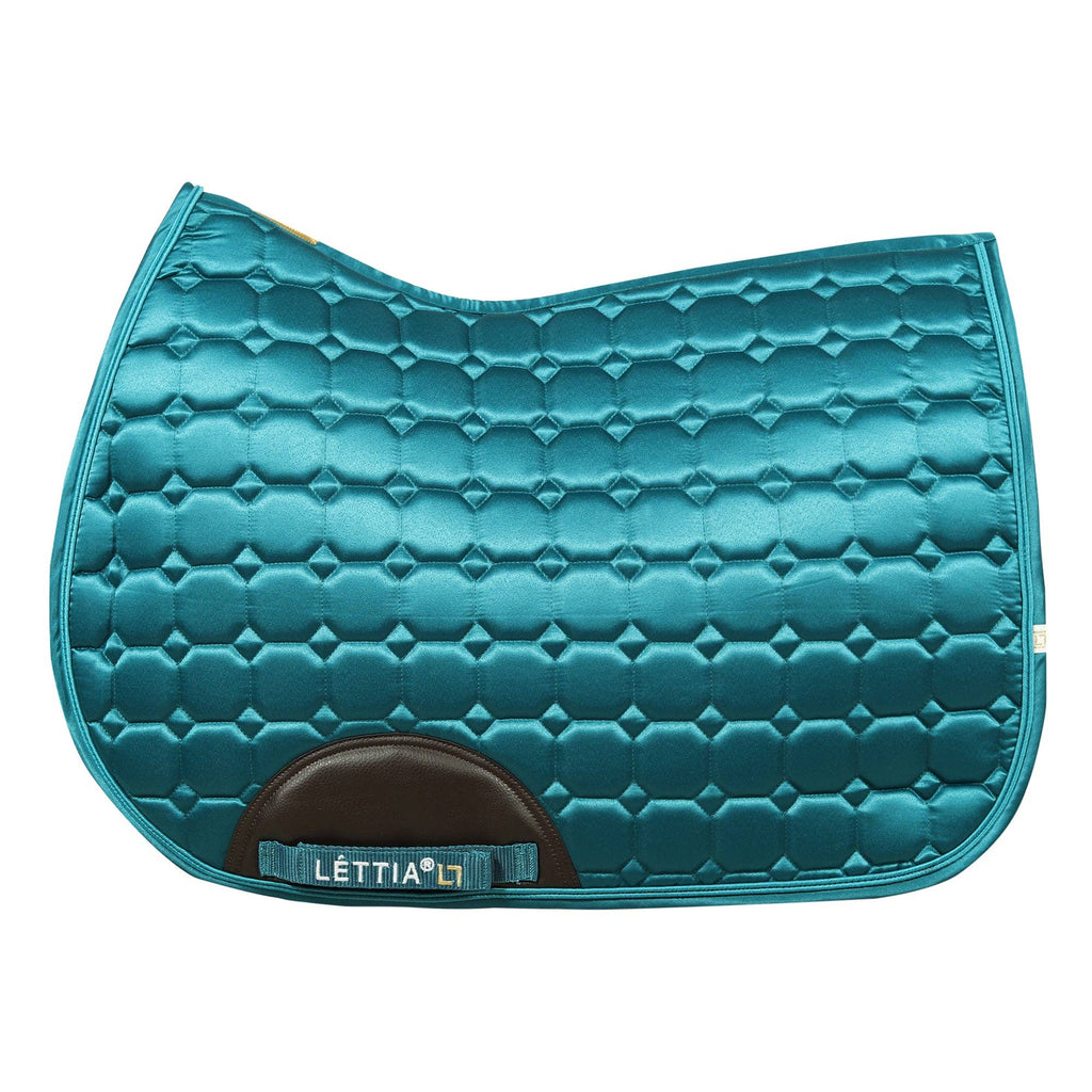 Teal quilted saddle pad with 'Lettia' branding on a white background