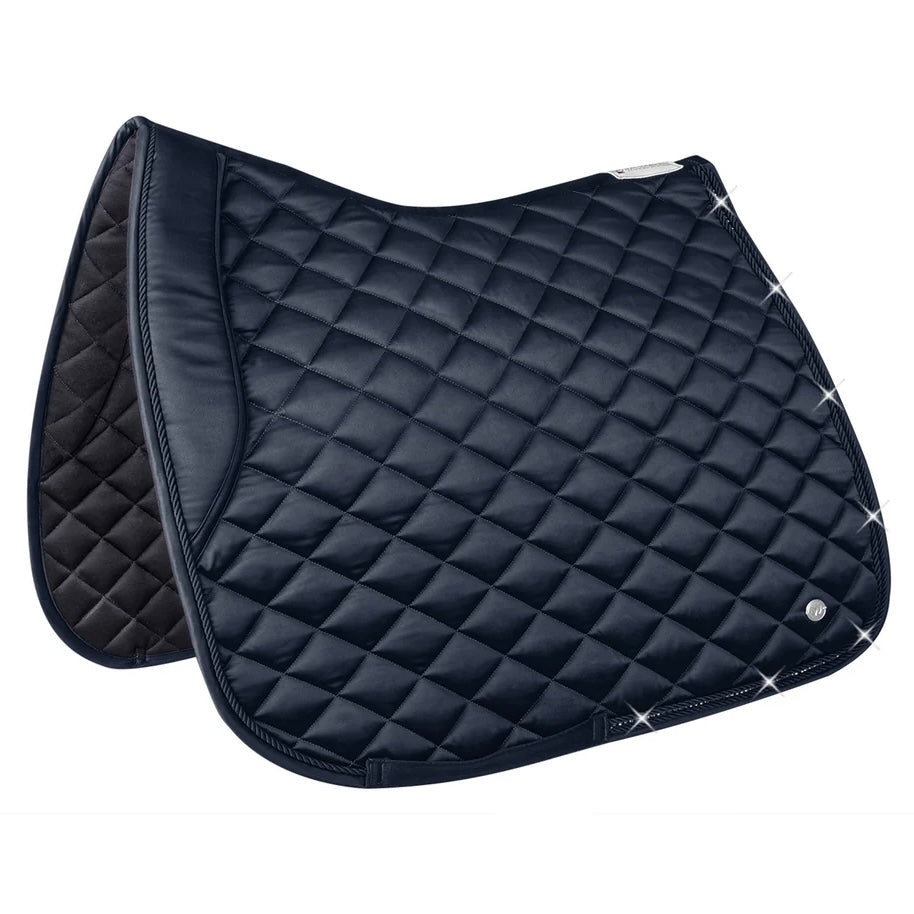 Navy blue dressage cut quilted saddle pad on a white background