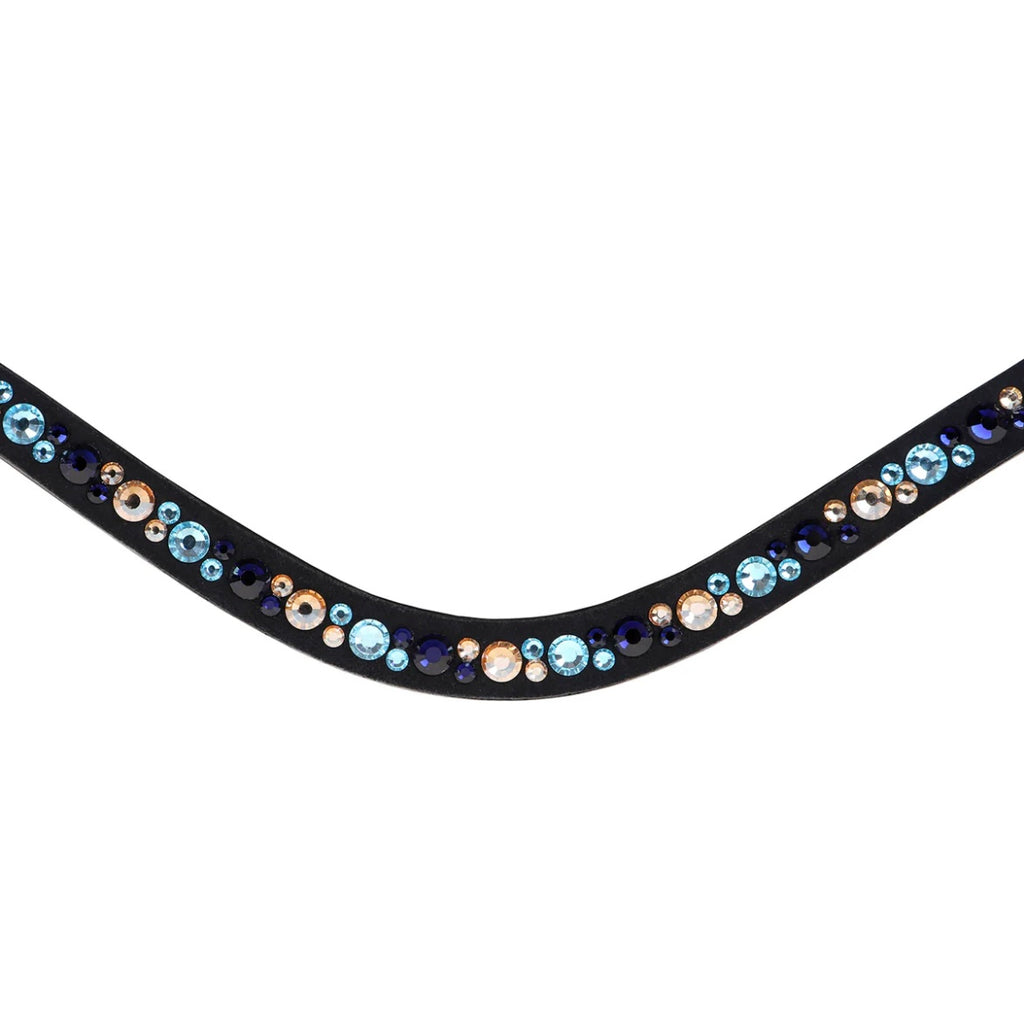 A curved leather browband adorned with oblong crystals in varying shades of blue and gold tones, with a silver satin button at the center.