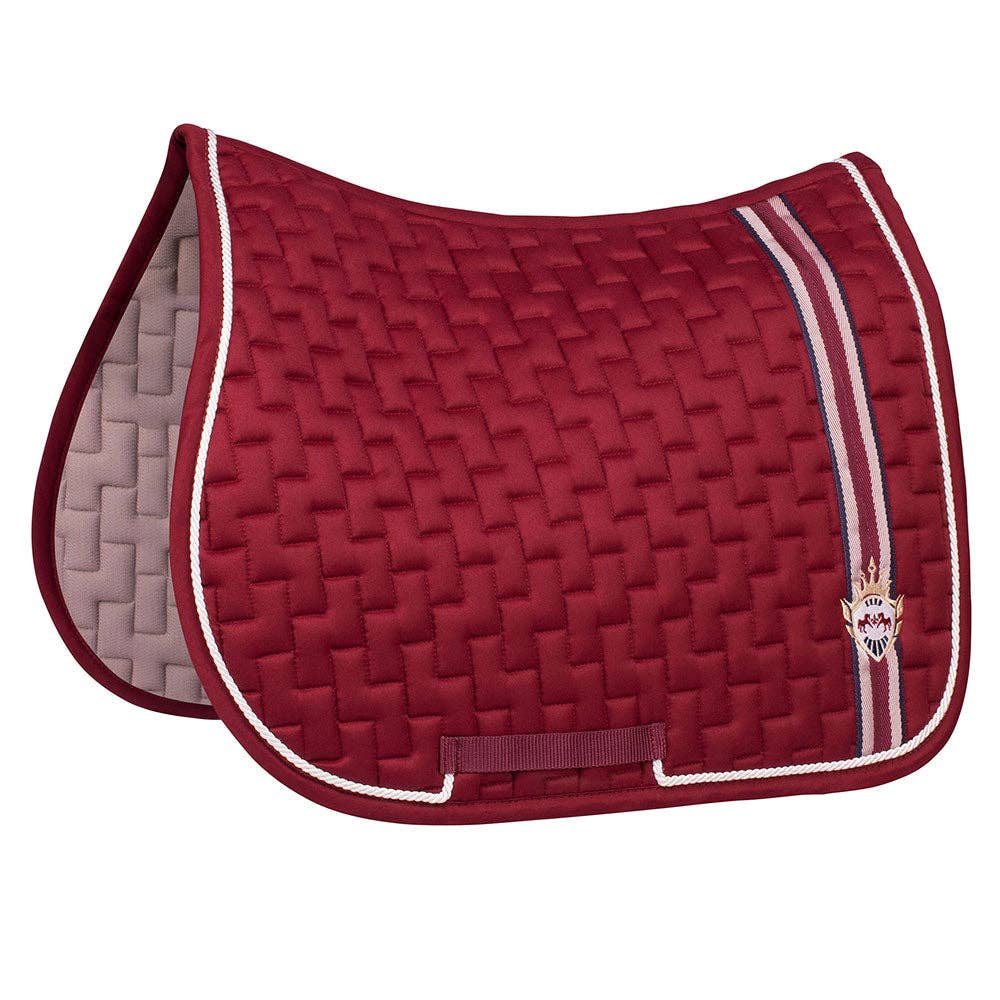 Red quilted saddle pad with white trim on a white background