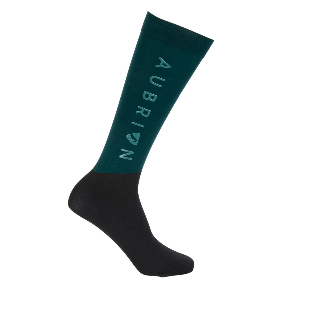 Green and black horse riding sock with 'Aubrion' branding on a white background