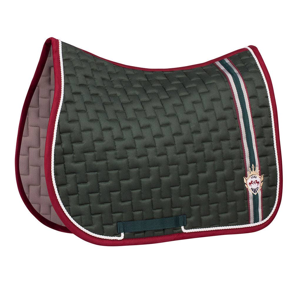 Equestrian saddle pad in hunter green with red border and logo on a white background