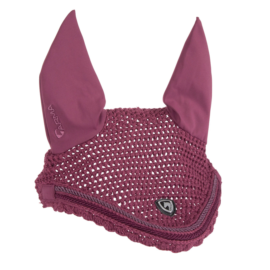 Maroon black cherry mesh ear bonnet with ear flaps on a white background
