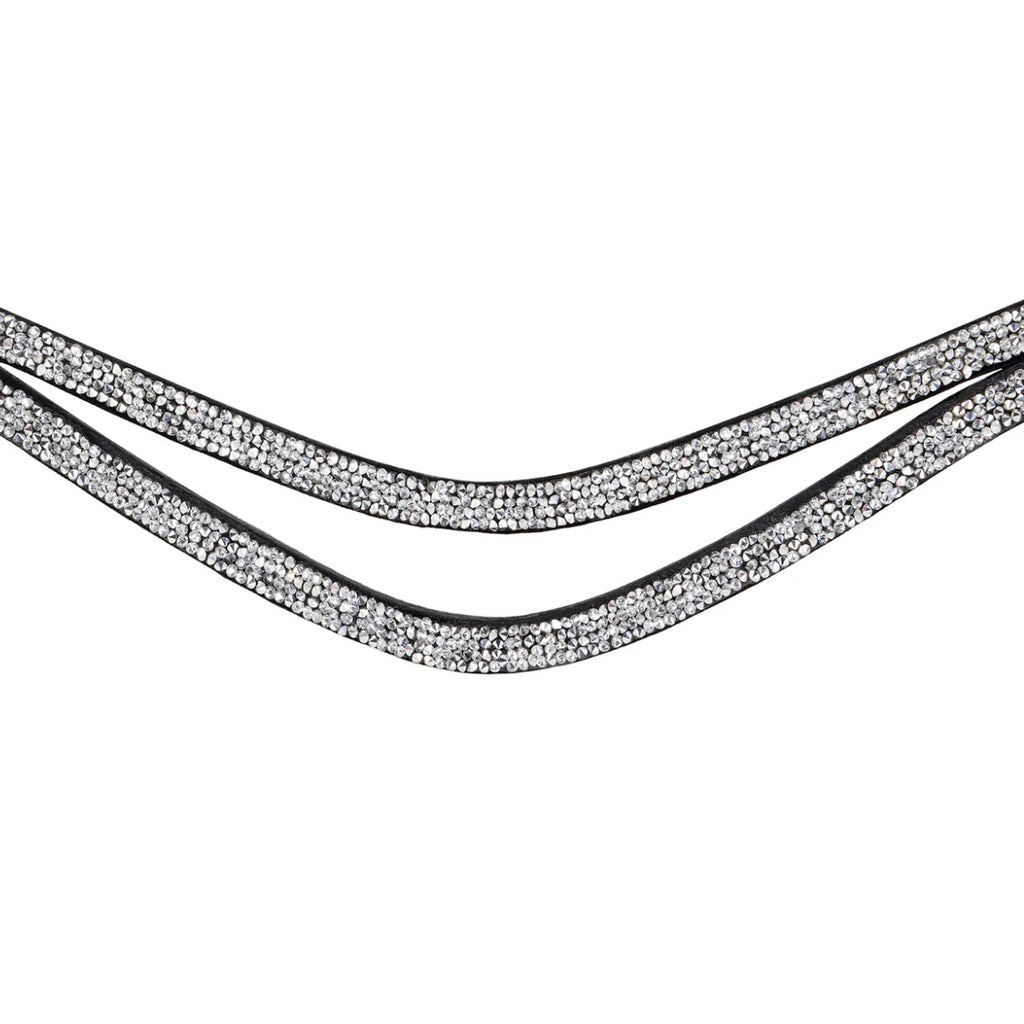 A silver glitter-covered pony browband with easy-change buttons.