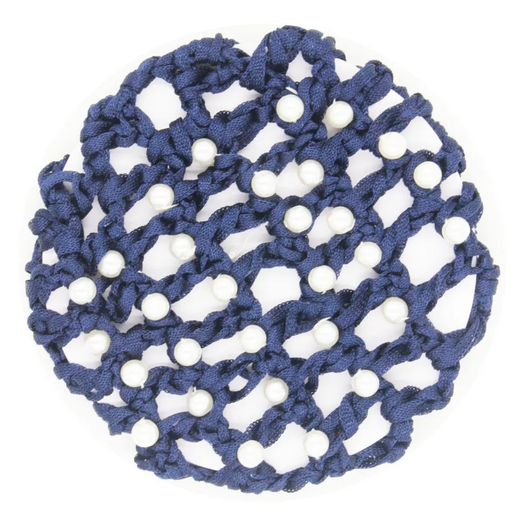 A navy blue crocheted bun cover adorned with white pearls.
